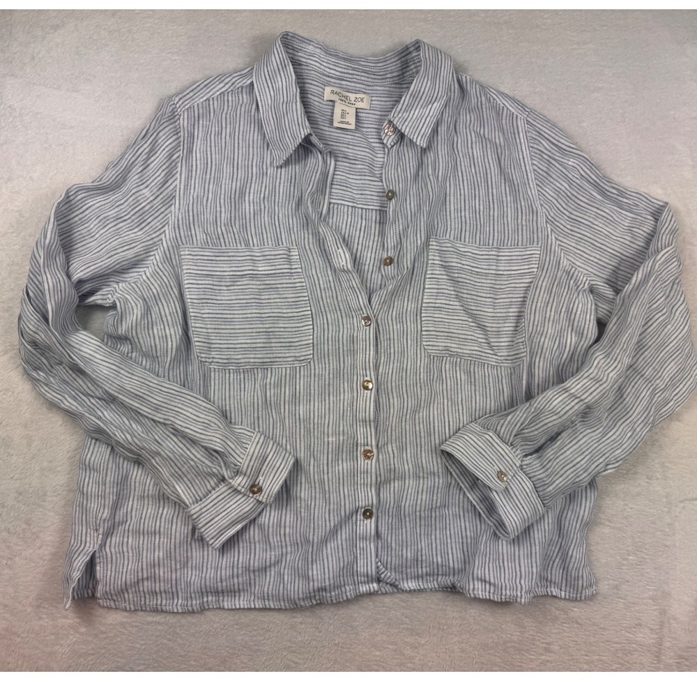 Rachel Zoe 100% Linen Striped Button Down Shirt Blue White Large